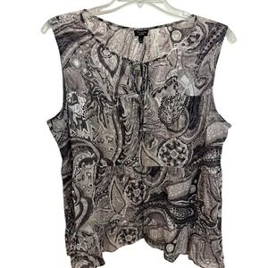 Talbots Women Gray‎ Black Paisley Sleeveless Tie Neck Cotton Baby Doll Top M